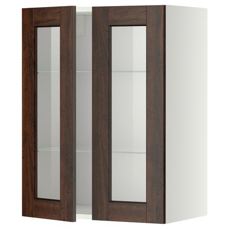 Навесной шкаф с полками, 2 стекло дв, белый/Эдсерум коричневый 60x80 см IKEA METOD МЕТОД 592.267.71