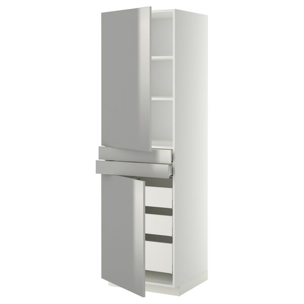 Высокий шкаф + полки, 5 ящиков, 2 дверцы, 2 фронтальных МЕТОД / МАКСИМЕРА, белый, Гревста нержавеющ сталь - фото 1
