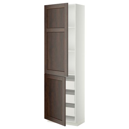 Высокий шкаф + полки, 3 ящика, 2 дверцы МЕТОД / ФОРВАРА, белый, Эдсерум коричневый