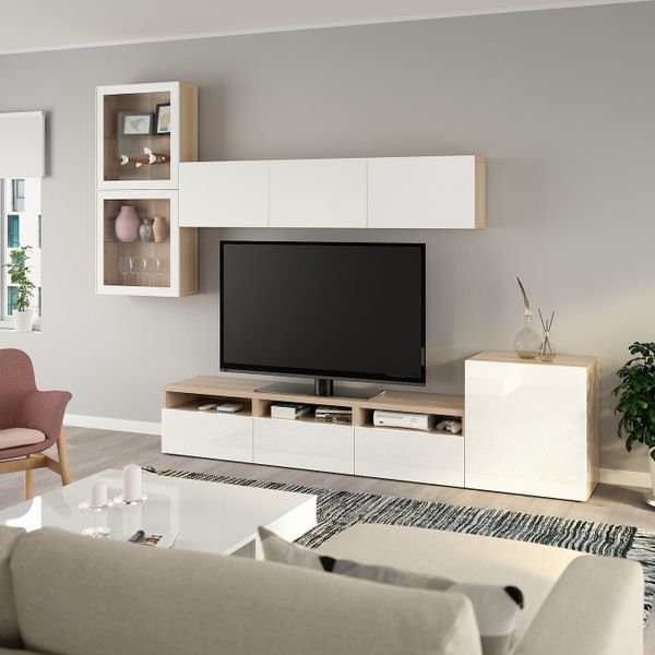 Шкаф для ТВ, комбинированный, стекляные дверцы, под беленый дуб/Сельсвикен глянцевый, белый прозрачное стекло 300x42x211 см IKEA - фото 5