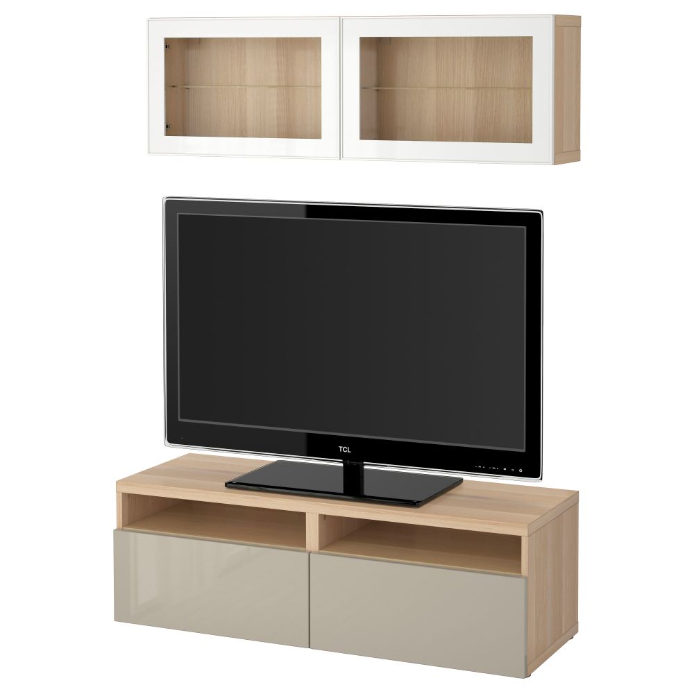 Шкаф для ТВ, комбинированный, стекляные дверцы БЕСТО, под беленый дуб, Сельсвикен глянцевый/бежевый прозрачное стекло - фото 1