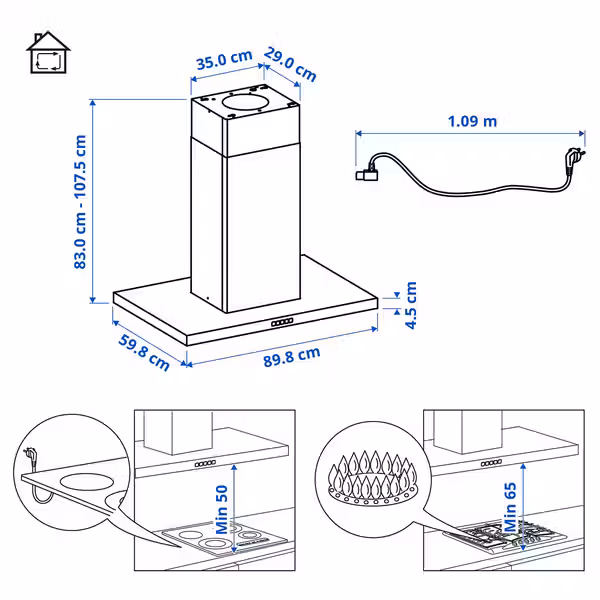 SVÄVANDE Вытяжка кухонная птлч креп (колпак) - нержавеющая сталь 90 см - схема-чертеж с размерами