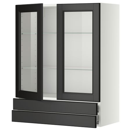 Навесной шкаф, 2 стеклянные дверцы, 2 ящика МЕТОД / ФОРВАРА, белый, Лаксарби черно-коричневый черно-коричневый