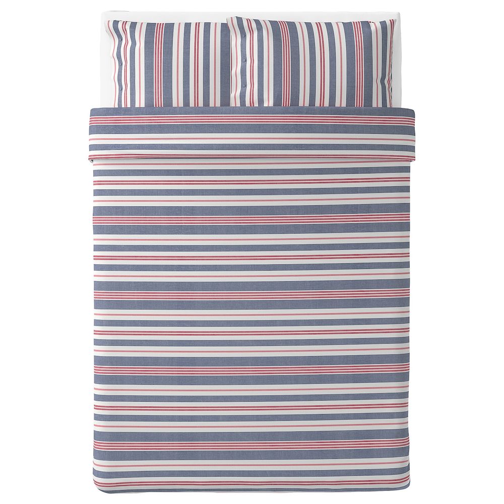 Пододеяльник и 2 наволочки, синий-красный/в полоску 200x200/50x70 см IKEA SMALSTÄKRA СМАЛСТЭКРА 704.434.81 - фото 1