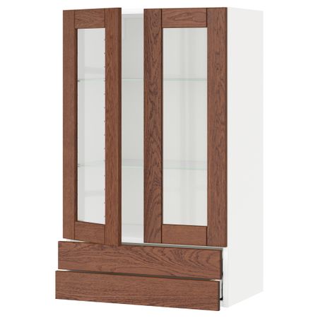 Навесной шкаф, 2 стеклянные дверцы, 2 ящика МЕТОД / МАКСИМЕРА, белый, Филипстад коричневый