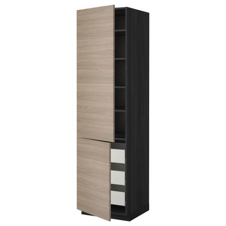 Высокий шкаф + полки, 3 ящика, 2 дверцы МЕТОД / МАКСИМЕРА, черный, Брокхульт светло-серый