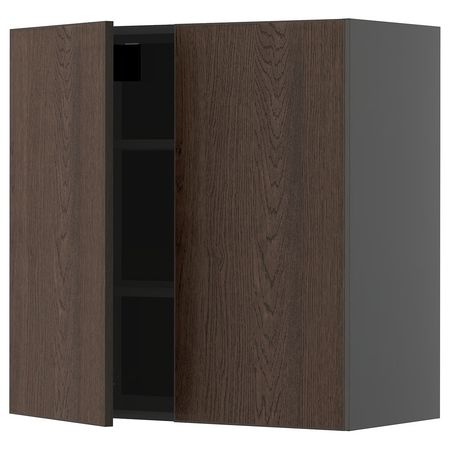 METOD Навесной шкаф с полками/2дверцы - черно-серый/Sinarp коричневый 80x80 см