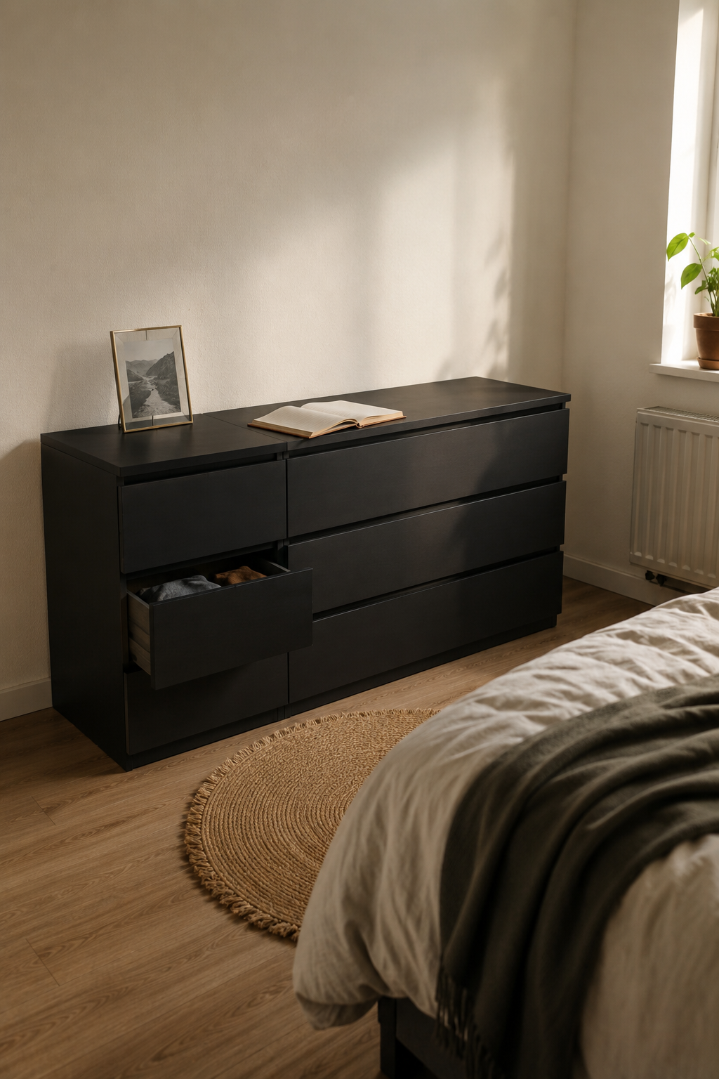 Расширенная система NORDLI — 3 модуля с соединительной панелью 120 см в спальне