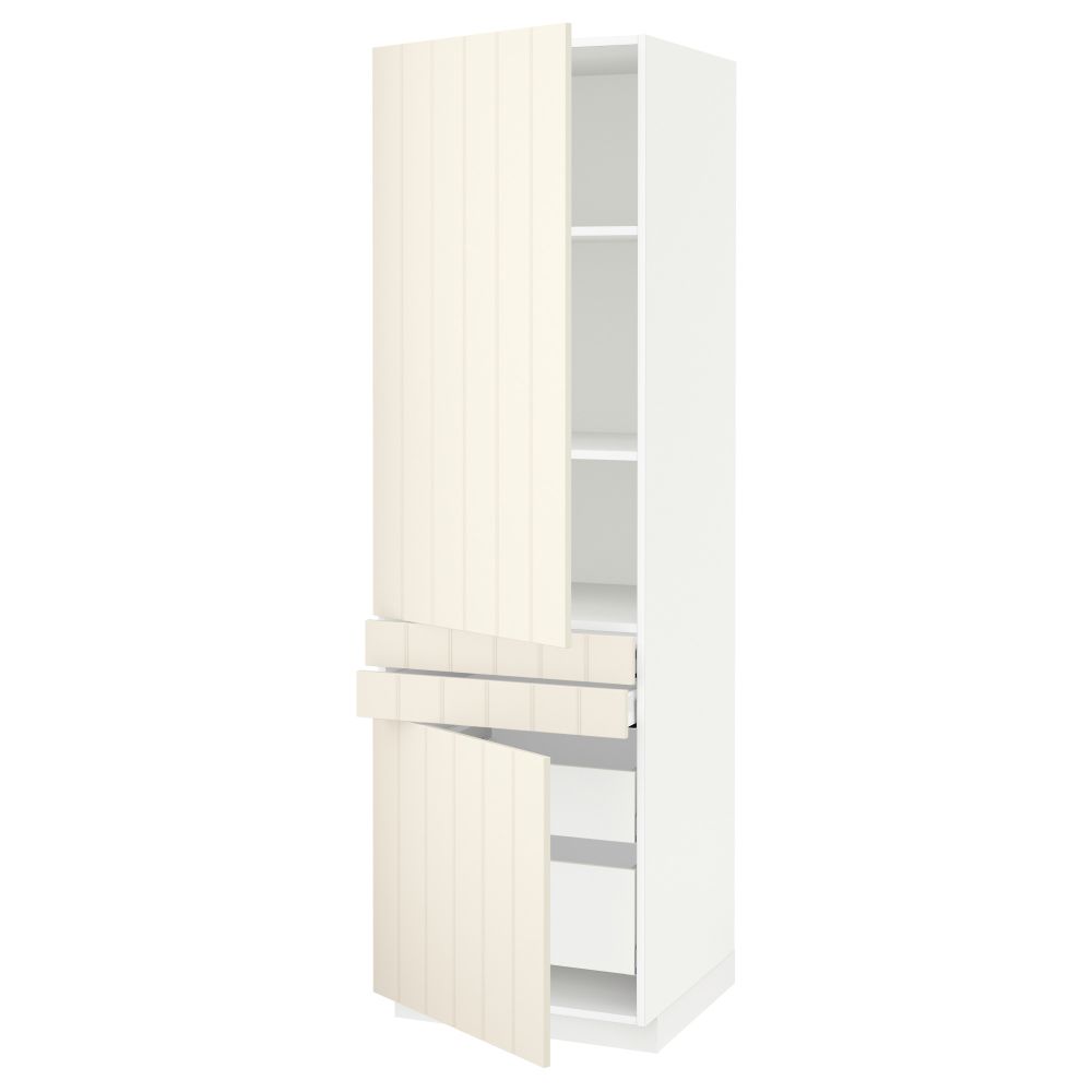 Высокий шкаф + полки, 4 ящик, 2 двери, 2 фронтальные МЕТОД / МАКСИМЕРА, белый, Хитарп белый с оттенком (60x60x200 см) - схема-чертеж с размерами