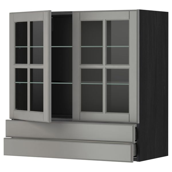 Навесной шкаф, 2 стеклянные дверцы, 2 ящика МЕТОД / МАКСИМЕРА, черный, Будбин серый - фото 1