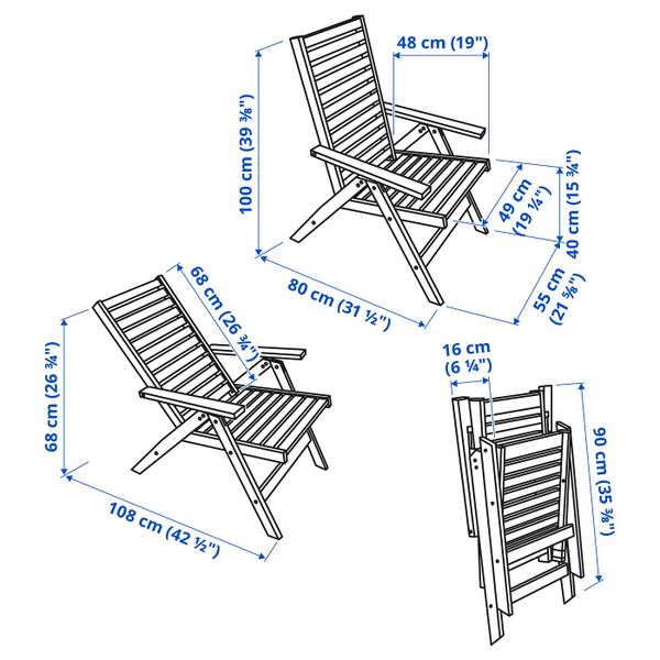 Садовое кресло, регулируемая спинка, складной коричневая морилка IKEA ÄPPLARÖ ЭПЛАРО 003.763.43 - схема-чертеж с размерами