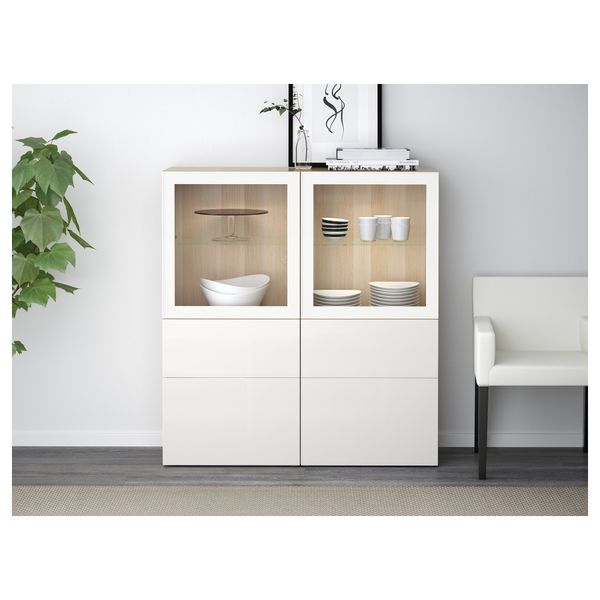 Комбинация для хранения со стеклянными дверцами БЕСТО, под беленый дуб, Сельсвикен глянцевый/белый прозрачное стекло (120x40x128 - фото 2