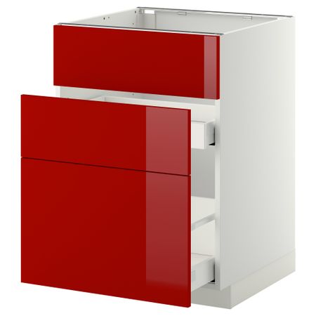 Напольный шкаф под мойку + 3 фронтальных панели, 2 ящика МЕТОД / МАКСИМЕРА, белый, Рингульт красный