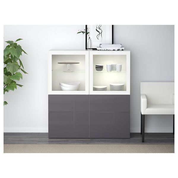 Комбинация для хранения со стеклянными дверцами БЕСТО, белый, Сельсвикен глянцевый/серый прозрачное стекло (120x40x128 см) - схема-чертеж с размерами