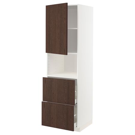 Высокий шкаф для СВЧ/дверца/2ящика, белый/Синарп коричневый 60x60x200 см IKEA METOD МЕТОД / MAXIMERA МАКСИМЕРА 494.051.41