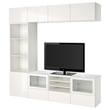 Шкаф для ТВ, комбинированный, стекляные дверцы БЕСТО, белый, Сельсвикен глянцевый/белый прозрачное стекло (240x40x230 см)