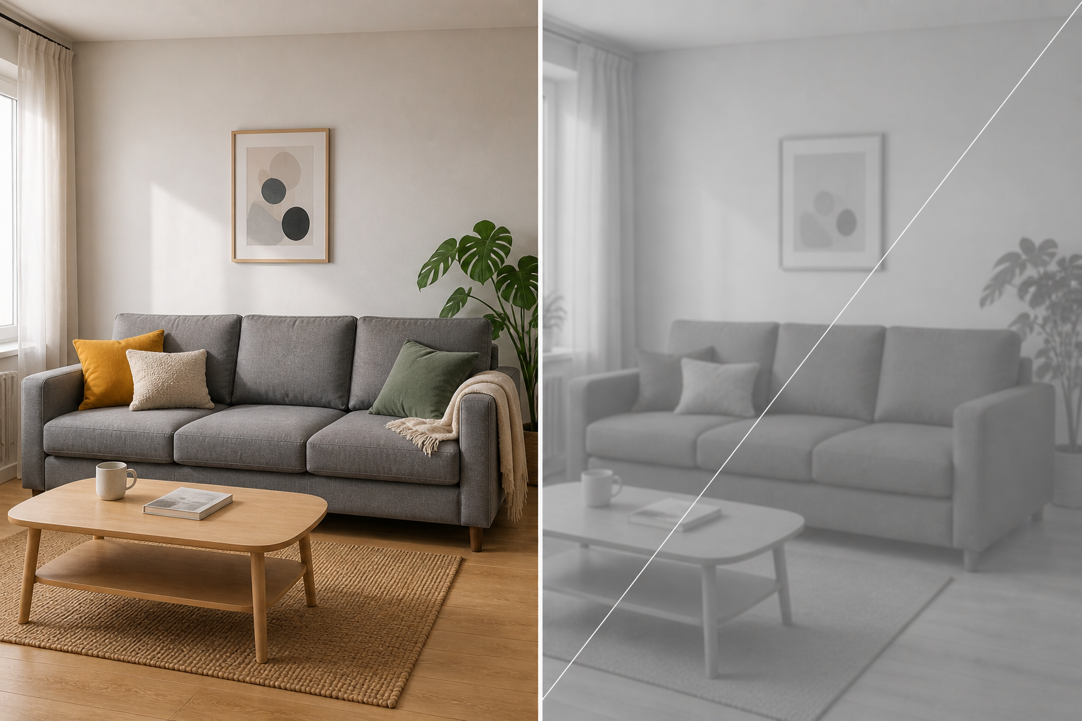 Сравнение IKEA и JYSK: слева — доступный диван IKEA в белорусской гостиной, справа — недоступный диван JYSK