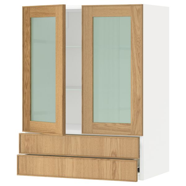 Навесной шкаф, 2 стеклянные дверцы, 2 ящика МЕТОД / ФОРВАРА, белый, Экестад дуб - схема-чертеж с размерами