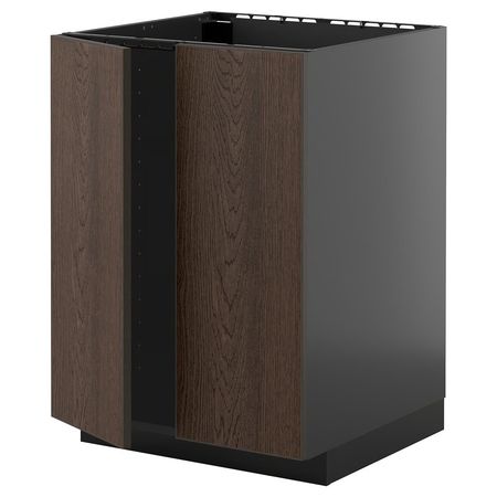 METOD Напольный шкаф для мойки+2 двери - черно-серый/Sinarp коричневый 60x60 см
