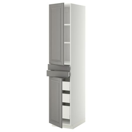 Высокий шкаф + полки, 5 ящиков, 2 дверцы, 2 фронтальных МЕТОД / МАКСИМЕРА, белый, Будбин серый