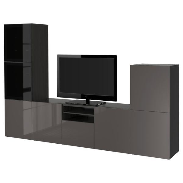 Шкаф для ТВ, комбинированный, стекляные дверцы БЕСТО, черно-коричневый, Сельсвикен глянцевый/серый дымчатое стекло (300x40x192 - фото 1