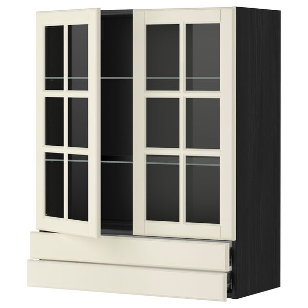 Навесной шкаф, 2 стеклянные дверцы, 2 ящика МЕТОД / ФОРВАРА, черный, Будбин белый с оттенком - фото 1