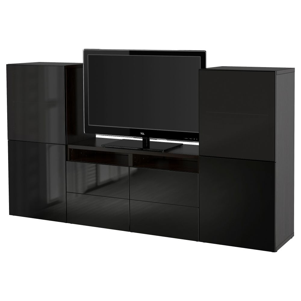 Шкаф для ТВ, комбинированный, стекляные дверцы БЕСТО, черно-коричневый, Сельсвикен глянцевый/черный дымчатое стекло (240x40x128 - фото 1