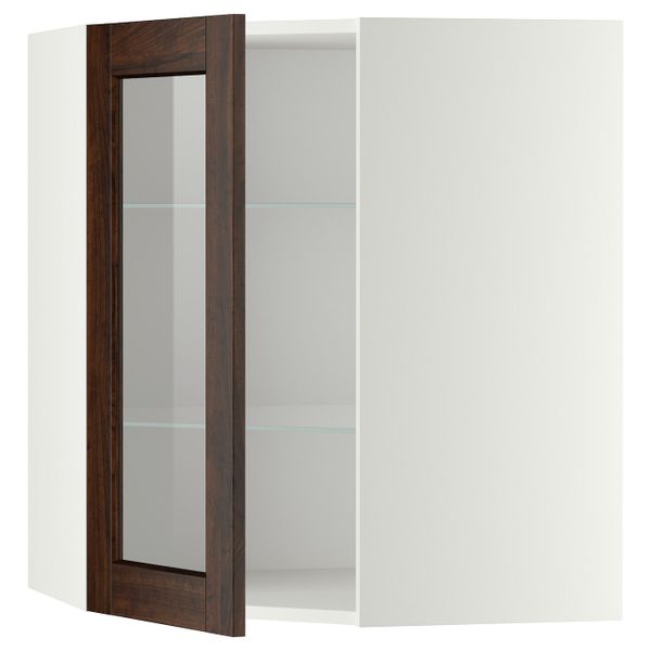 Угловой навесной шкаф с полками, стекляными дв, белый/Эдсерум коричневый 68x80 см IKEA METOD МЕТОД 892.266.18 - фото 1