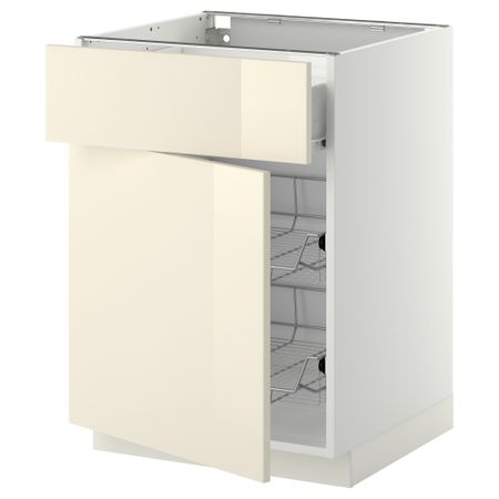 Напольный шкаф с проволочной корзиной, ящиком, дверью МЕТОД / ФОРВАРА, белый, Рингульт кремовый