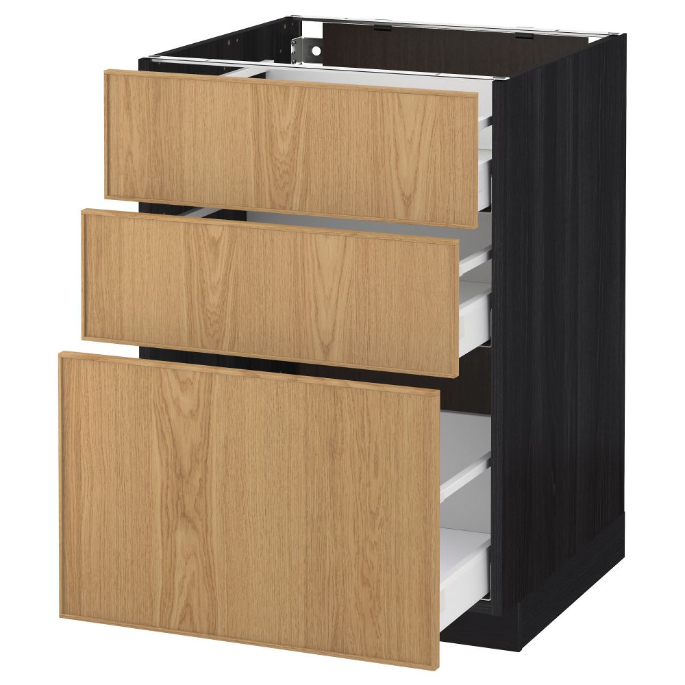 Напольный шкаф с 3 ящиками МЕТОД / МАКСИМЕРА, черный, Экестад дуб - схема-чертеж с размерами