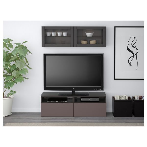 Шкаф для ТВ, комбинированный, стекляные дверцы БЕСТО, черно-коричневый, Вальвикен темно-коричневый, прозрачное стекло - схема-чертеж с размерами