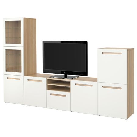 Шкаф для ТВ, комбинированный, стекляные дверцы БЕСТО, под беленый дуб, Марвикен белый прозрачное стекло (300x40x192 см)