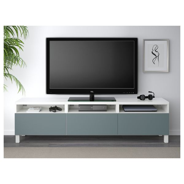 Тумба для ТВ с ящиками БЕСТО, белый, Вальвикен серо-бирюзовый (180x40x48 см) - фото 2
