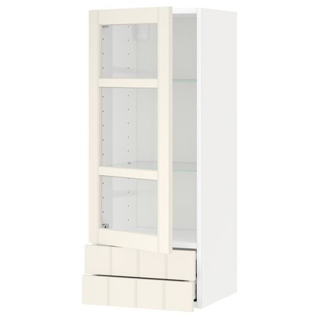 Навесной шкаф, стеклянная дверца, 2 ящика, белый/Хитарп белый с оттенком 40x100 см IKEA METOD МЕТОД / MAXIMERA МАКСИМЕРА