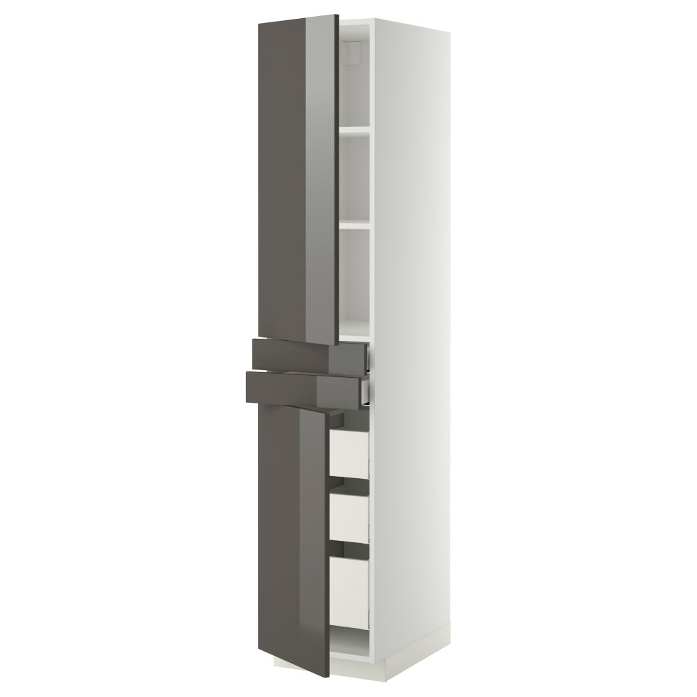 Высокий шкаф + полки, 5 ящиков, 2 дверцы, 2 фронтальных МЕТОД / МАКСИМЕРА, белый, Рингульт серый - фото 1