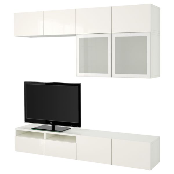 Шкаф для ТВ, комбинированный, стекляные дверцы БЕСТО, белый, Сельсвикен глянцевый/белый матовое стекло (240x40x230 см) - фото 1