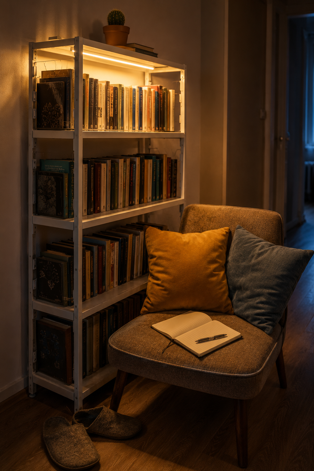 LED-подсветка MITTLED 2700 К освещает корешки книг на стеллаже PLATSA в вечернем коридоре