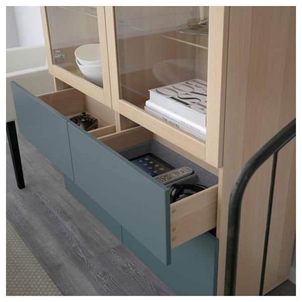 Комбинация для хранения со стеклянными дверцами БЕСТО, под беленый дуб, Вальвикен серо-бирюзовый, прозрачное стекло (120x40x192 - схема-чертеж с размерами