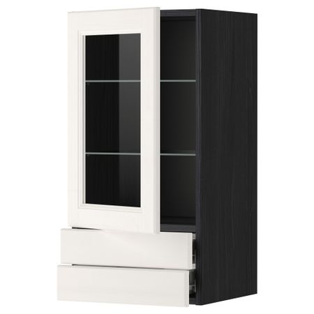 Навесной шкаф, стеклянная дверца, 2 ящика МЕТОД / ФОРВАРА, черный, Лаксарби белый