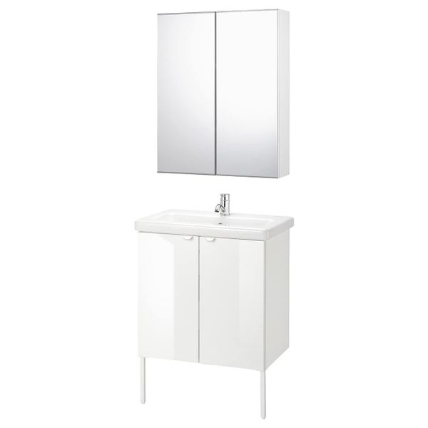 Комплект мебели для ванной,7 предм., глянцевый белый/ПИЛКОН смеситель 64x43x88 см IKEA FISKÅN ФИСКОН / TVÄLLEN ТВЭЛЛЕН - фото 1