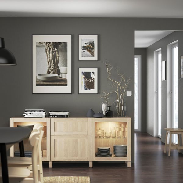 Комбинация для хранения с ящиками, под беленый дуб Ханвикен/синдвик/стуббарп под беленый дуб, прозрачное стелко 180x42x74 см - фото 2