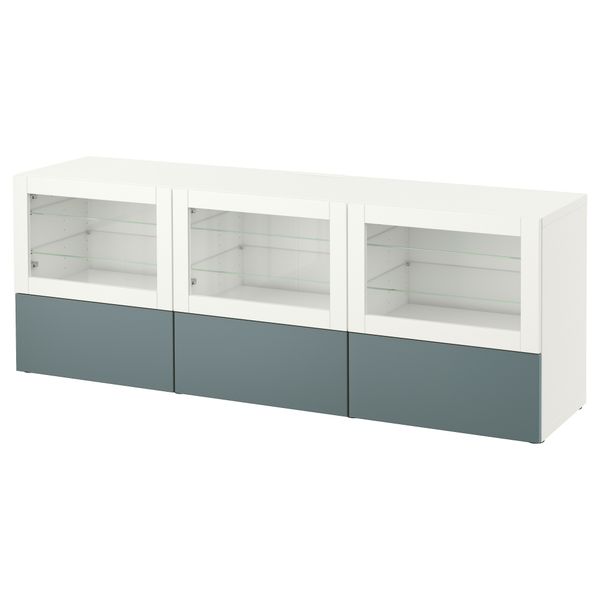 Тумба под ТВ, с дверцами и ящиками БЕСТО, белый, Вальвикен серо-бирюзовый, прозрачное стекло (180x40x64 см) - фото 1