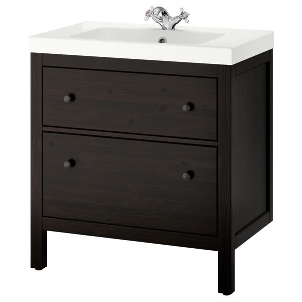 Шкаф для раковины с 2 ящиками ХЕМНЭС / ОДЕНСВИК, морилка черно-коричнев (80x49x89 см) - фото 2