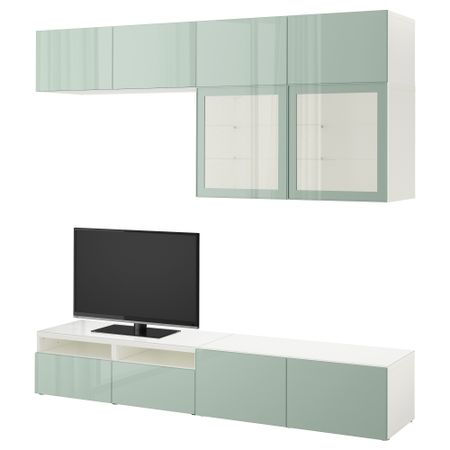 Шкаф для ТВ, комбинированный, стекляные дверцы БЕСТО, белый Сельсвикен, глянцевый/серо-зеленый светлый прозрачное стекло