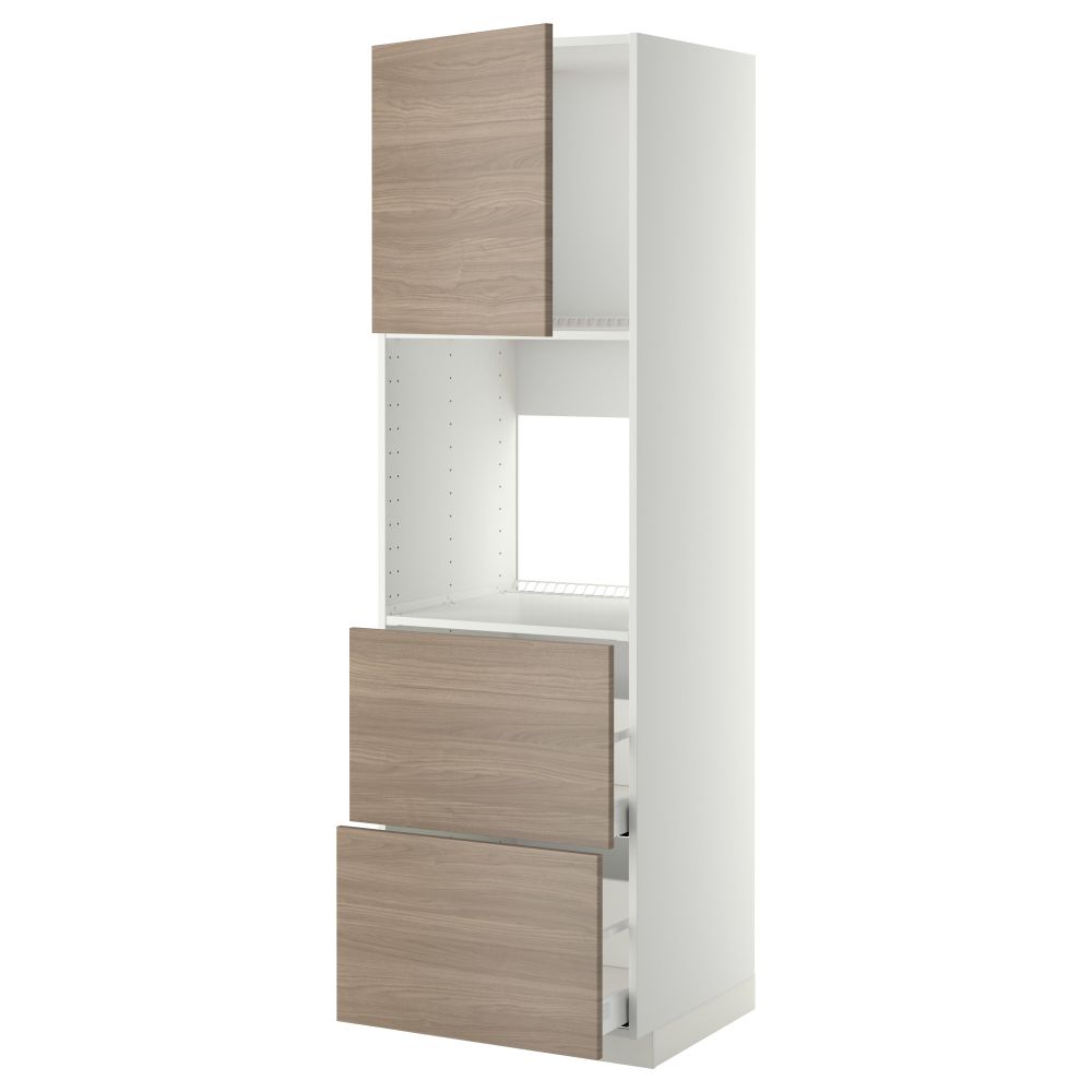 Высокий шкаф для духовки + дверца, 2 форнтальных, 2 высоких ящик МЕТОД / МАКСИМЕРА, белый, Брокхульт светло-серый - фото 1