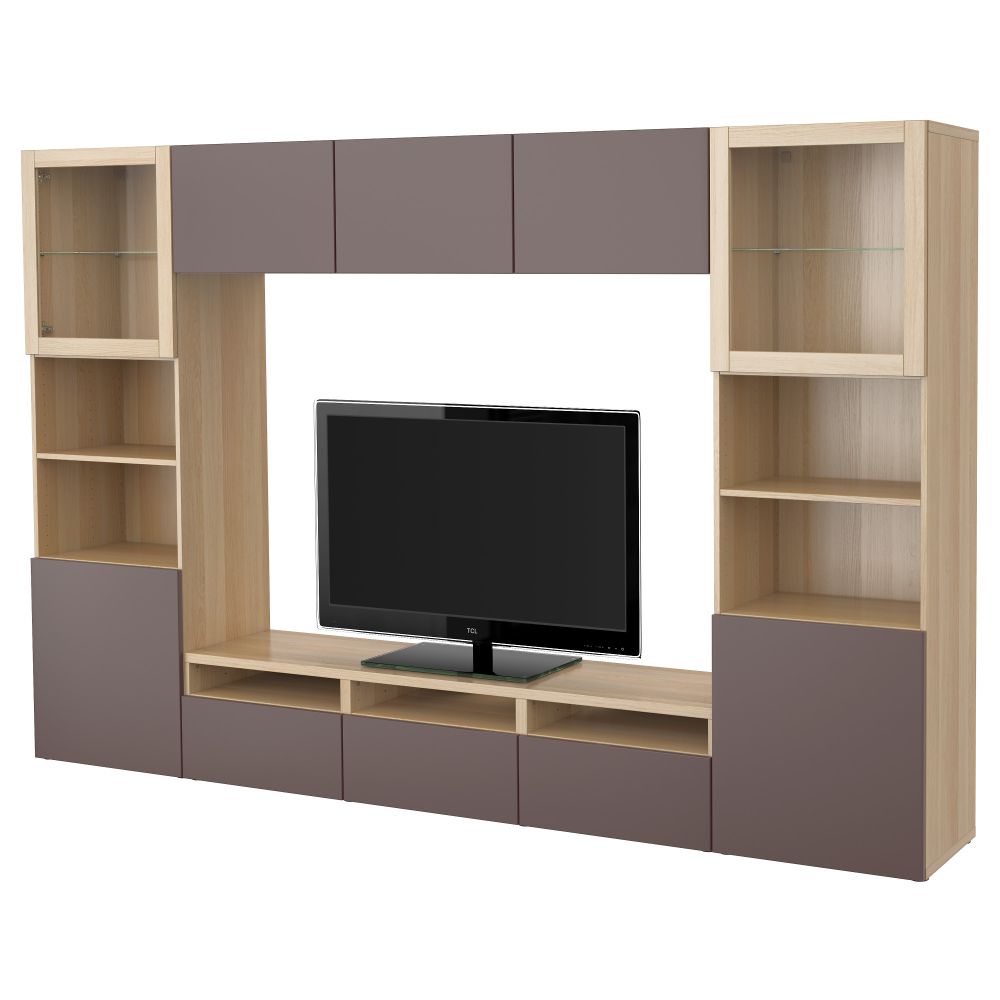 Шкаф для ТВ, комбинированный, стекляные дверцы БЕСТО, под беленый дуб, Вальвикен темно-коричневый, прозрачное стекло (300x40x192 - фото 1