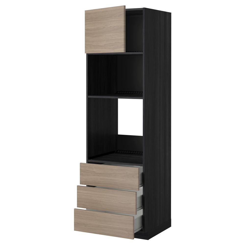 Высокий шкаф для духовки/СВЧ дверца, 3 ящика МЕТОД / ФОРВАРА, черный, Брокхульт светло-серый - фото 1