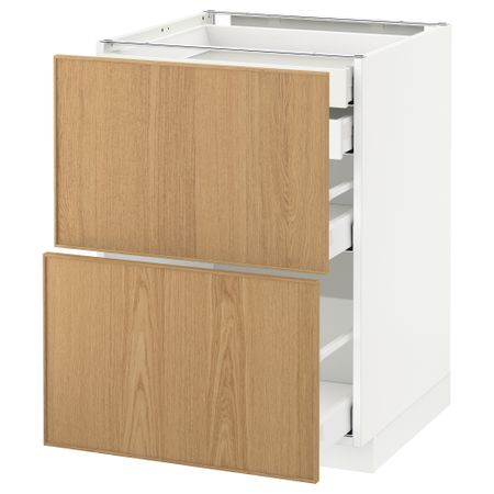 Напольный шкаф 2 фронтальные панели, 2 нижних, 1 средний, 1 высокий ящик МЕТОД / МАКСИМЕРА, белый, Экестад дуб
