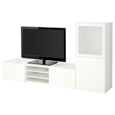 Шкаф для ТВ, комбинированный, стекляные дверцы БЕСТО, белый, Сельсвикен глянцевый/белый матовое стекло (240x40x128 см)