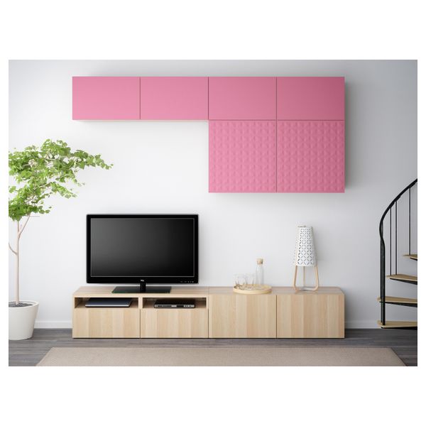 Шкаф для ТВ, комбинированный, стекляные дверцы БЕСТО, Дьюпвикен розовый, Лаппвикен под беленый дуб (240x40x230 см) - фото 2